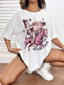 SHEIN EZwear 人像&蝴蝶圖案落肩T恤 - 白色 - 查看 5