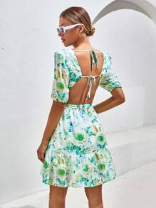 Aveloria Floral Print Cut Out Backless Ruffle Hem Dress - Green - View 2