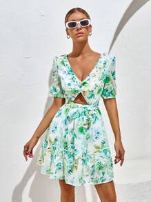 Aveloria Floral Print Cut Out Backless Ruffle Hem Dress - Green - View 3
