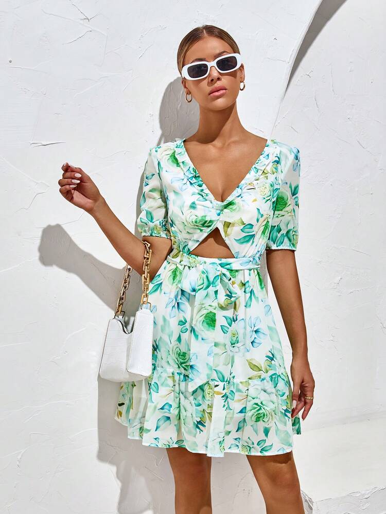 Floral Print Cut Out Backless Ruffle Hem Dress