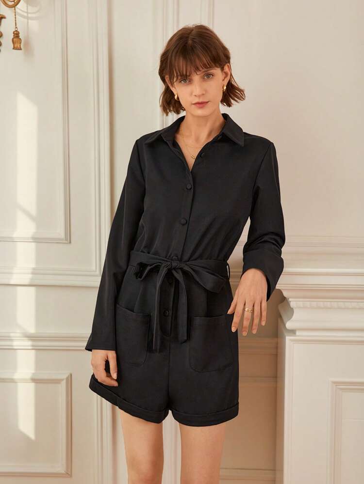 Button Front Belted Shirt Romper Winter Black Casual