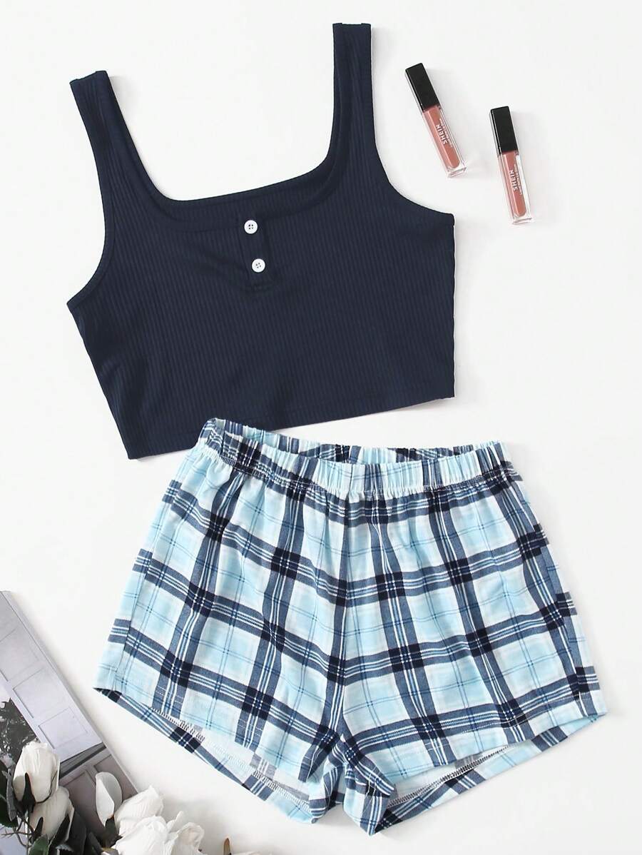 Plus Plaid Print Button Detail PJ Set / Pajama Set - Multicolor - View 1