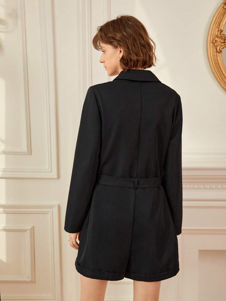 Button Front Belted Shirt Romper Winter Black Casual