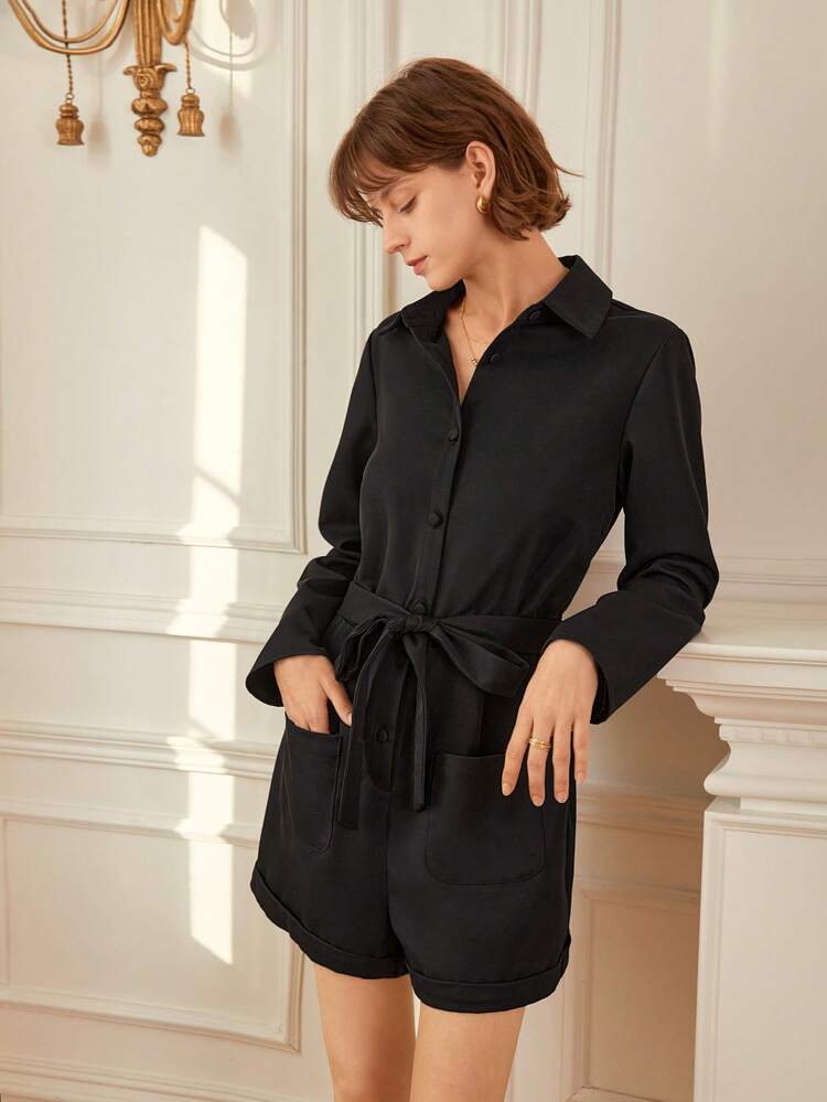 Button Front Belted Shirt Romper Winter Black Casual