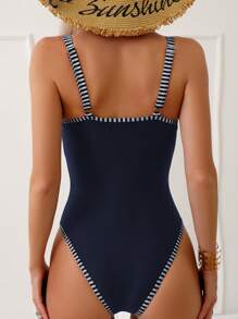 SHEIN Swim 條紋飾邊連體泳衣 - 藏蓝色 - 查看 2