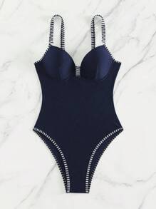 SHEIN Swim 條紋飾邊連體泳衣 - 藏蓝色 - 查看 5