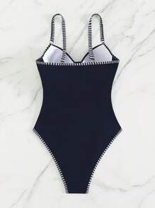 SHEIN Swim 條紋飾邊連體泳衣 - 藏蓝色 - 查看 6