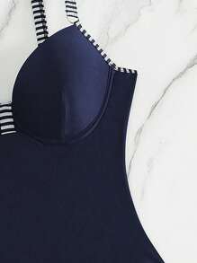 SHEIN Swim 條紋飾邊連體泳衣 - 藏蓝色 - 查看 7