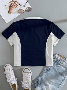 INAWLY Áo thun crop top hai tông màu họa tiết letter graphic cho nữ - Xanh đậm - Xem 2