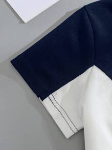 INAWLY Áo thun crop top hai tông màu họa tiết letter graphic cho nữ - Xanh đậm - Xem 4