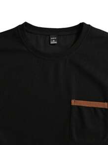 Manfinity Homme Hombres Camiseta de hombros caídos panel en contraste con parche con bolsillo - Negro - Ver 3