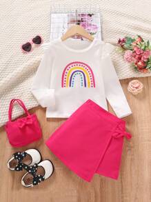 SHEIN Young Girl Rainbow Print Ruffle Trim Tee & Bow Front Skirt & Bag - White - View 1