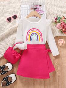 SHEIN Young Girl Rainbow Print Ruffle Trim Tee & Bow Front Skirt & Bag - White - View 3