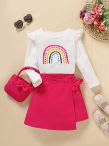 SHEIN Young Girl Rainbow Print Ruffle Trim Tee & Bow Front Skirt & Bag - White - View 5