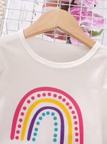 SHEIN Young Girl Rainbow Print Ruffle Trim Tee & Bow Front Skirt & Bag - White - View 7