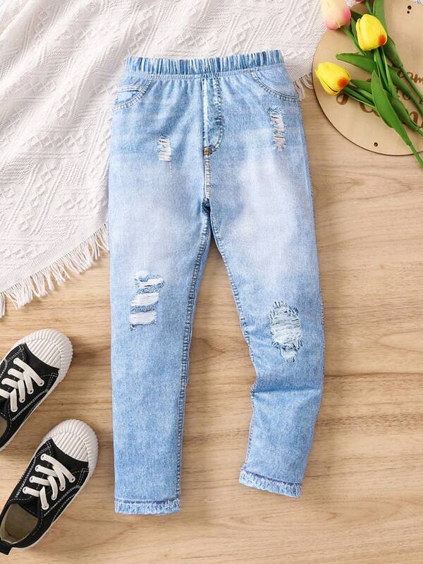 SHEIN Leggings imprimés décontractés pour jeune fille, texture semblable à des jeans, bleu clair