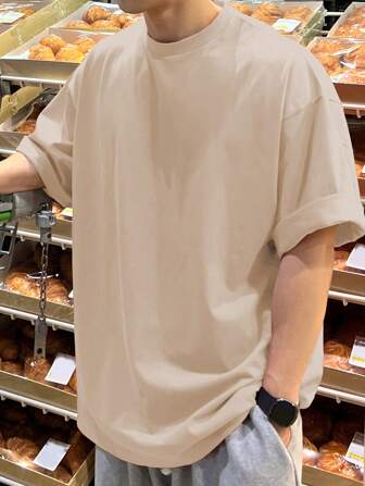 DAZY T-shirt col rond unicolore avec épaules tombantes pour homme, été