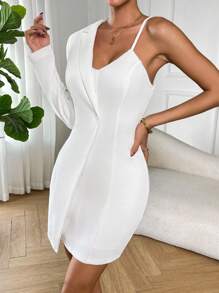 SHEIN Privé 不對稱領單釦緊身洋裝 - 白色 - 查看 6
