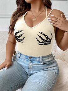 SHEIN Allurite Plus Skeleton Hand Print Cami Top - Apricot - View 1