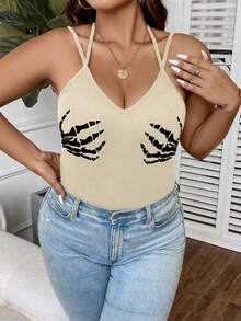 SHEIN Allurite Plus Skeleton Hand Print Cami Top - Apricot - View 4