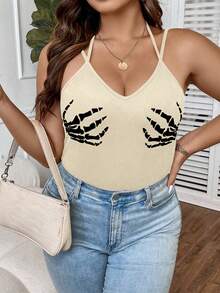SHEIN Allurite Plus Skeleton Hand Print Cami Top - Apricot - View 6