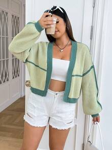 SHEIN EZwear Plus Contrast Trim Drop Shoulder Duster Cardigan - Green - View 4