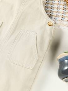 Baby Girl Slant Pocket Dungaree Denim Jumpsuit - Beige - View 5