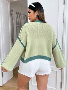 SHEIN EZwear Plus Contrast Trim Drop Shoulder Duster Cardigan - Green - View 2