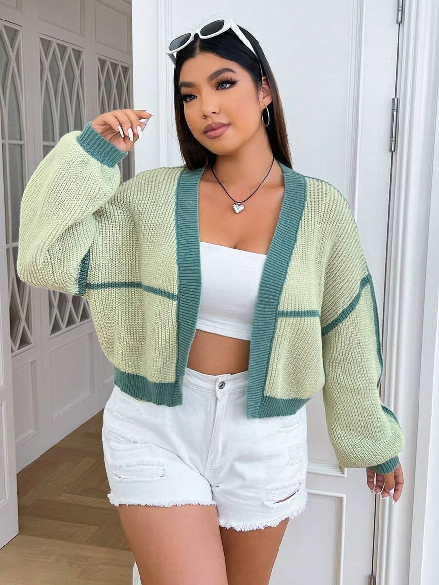SHEIN EZwear Plus Contrast Trim Drop Shoulder Duster Cardigan - Green - View 1
