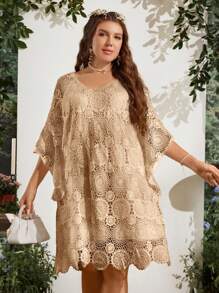 SHEIN Clasi Talla grande Vestido con bordado floral de manga murciélago - Caqui - Ver 1