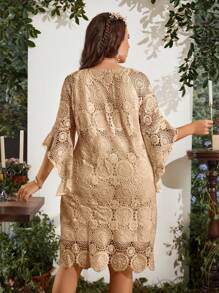 SHEIN Clasi Talla grande Vestido con bordado floral de manga murciélago - Caqui - Ver 2