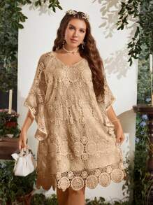 SHEIN Clasi Talla grande Vestido con bordado floral de manga murciélago - Caqui - Ver 4