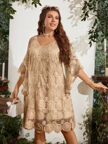 SHEIN Clasi Talla grande Vestido con bordado floral de manga murciélago - Caqui - Ver 5