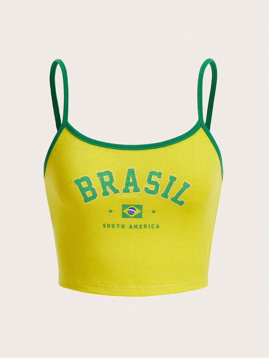 SHEIN EZwear Top De Tirantes Corto Para Mujer Con Letra Gráfica De Brasil Y Bordes De Contraste Para El Verano