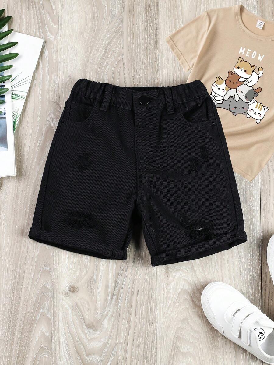 SHEIN Young Boy Ripped Elastic Waist Denim Shorts