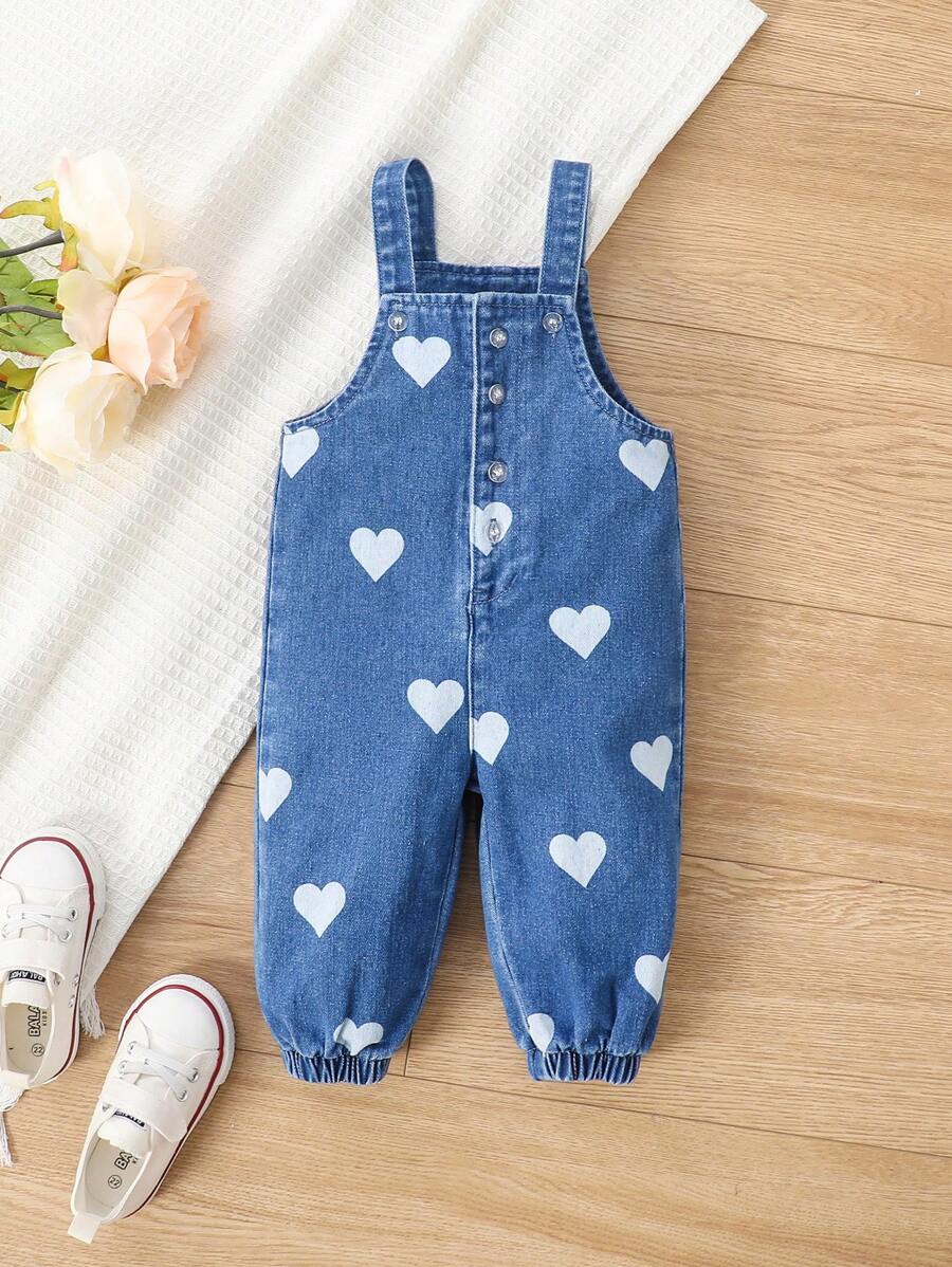 SHEIN Explorewe Baby Girl Heart Print Denim Overall Jumpsuit - Medium Wash - View 1