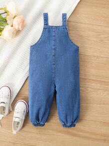 SHEIN Explorewe Baby Girl Heart Print Denim Overall Jumpsuit - Medium Wash - View 2