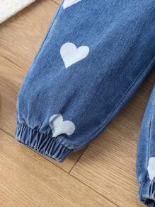 SHEIN Explorewe Baby Girl Heart Print Denim Overall Jumpsuit - Medium Wash - View 3