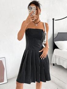 SHEIN EZwear Striped Print Tube Dress - Black - View 1