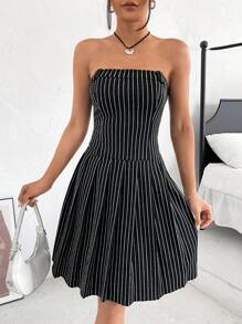 SHEIN EZwear Striped Print Tube Dress - Black - View 4