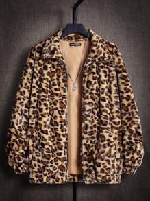 Manfinity BRENVOR 男士宽松长袖豹纹落肩泰迪熊外套，适合秋冬季节，情侣款 - 彩色 - 查看 1