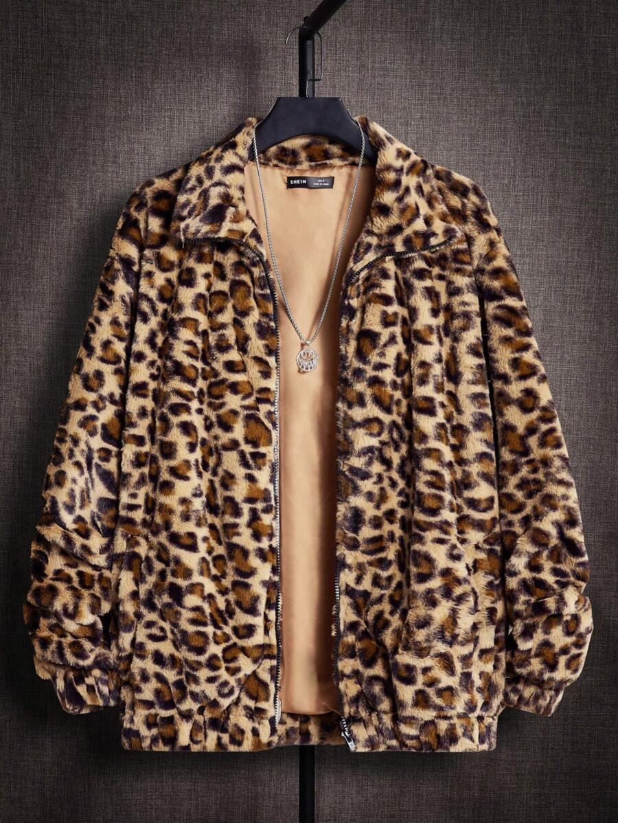 Manfinity BRENVOR 男士宽松长袖豹纹落肩泰迪熊外套，适合秋冬季节，情侣款 - 彩色 - 查看 1