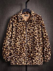 Manfinity BRENVOR 男士宽松长袖豹纹落肩泰迪熊外套，适合秋冬季节，情侣款 - 彩色 - 查看 4