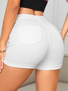 SHEIN EZwear Women's Summer Fashionable Solid Color Distressed Rolled Hem Slim Fit Shorts - White - View 2