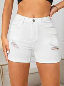 SHEIN EZwear Women's Summer Fashionable Solid Color Distressed Rolled Hem Slim Fit Shorts - White - View 3