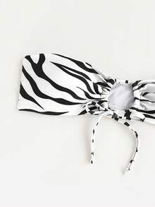 斑馬紋圖案抽繩比基尼泳裝上衣 - 黑與白 - 查看 3