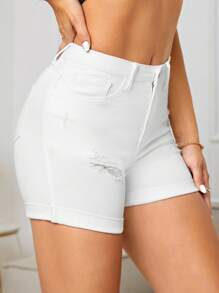 SHEIN EZwear Women's Summer Fashionable Solid Color Distressed Rolled Hem Slim Fit Shorts - White - View 4