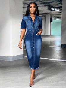 SHEIN SXY 翻蓋口袋前紐扣毛邊牛仔洋裝 - 深色水洗藍 - 查看 1
