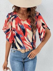 SHEIN VCAY 滿版印花花瓣袖襯衫 - 彩色 - 查看 3