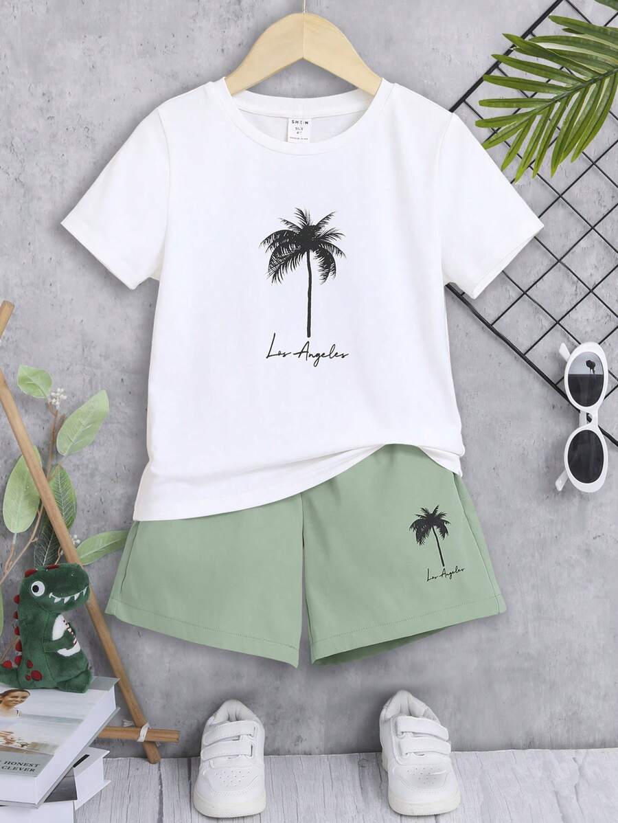 SHEIN Young Boy Coconut Tree & Letter Graphic Tee & Shorts - Mint Green - View 1